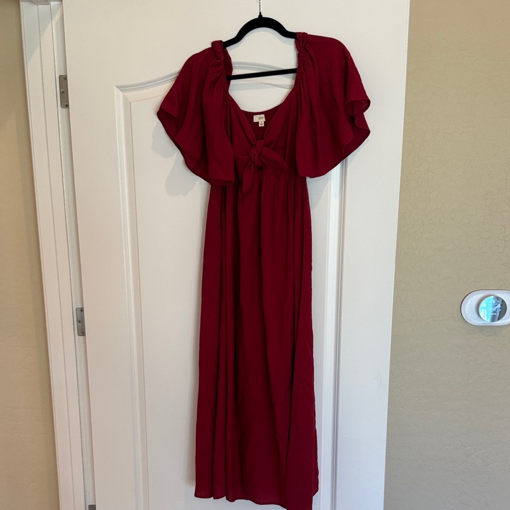 Flutter Sleeve Tie-Front Maxi Dress in Deep Red